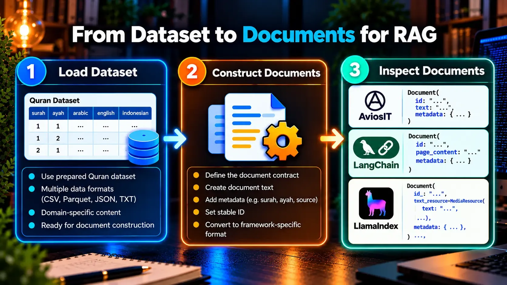 Workflow for constructing RAG documents from a prepared dataset: load the dataset,
          construct documents with text, identifiers and metadata, then inspect the resulting documents.