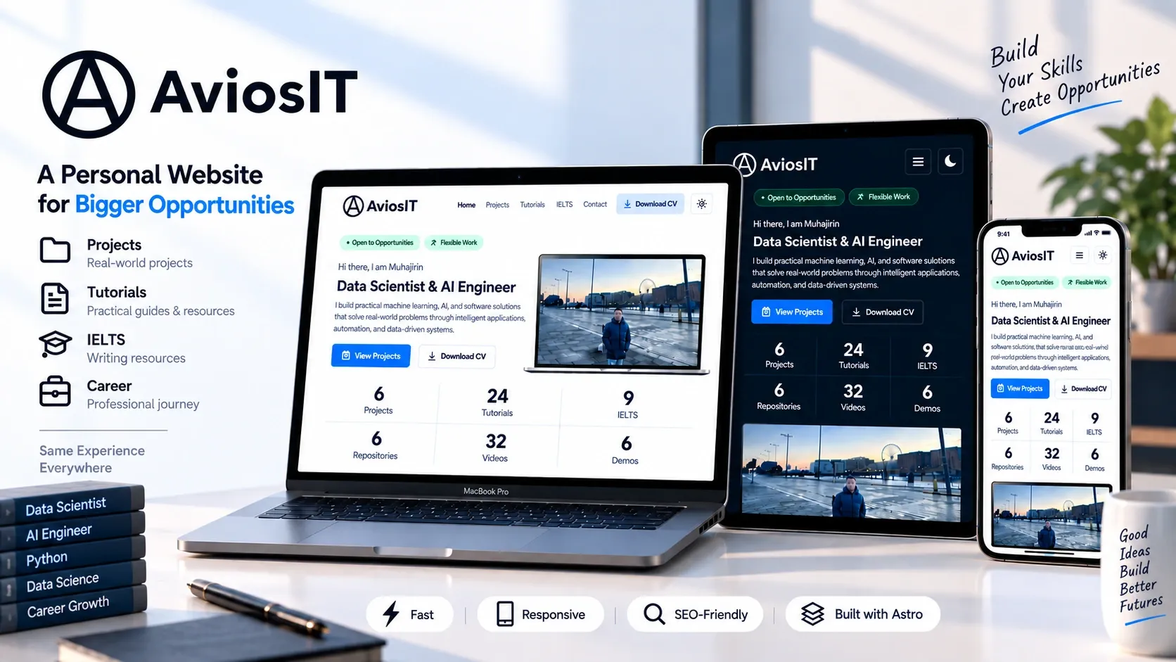 AviosIT Personal Website - A production-ready personal website built and continuously developed with Astro, TypeScript, and CSS using static site generation, with a focus on scalable architecture, reusable components, performance, SEO, accessibility, and maintainability.
