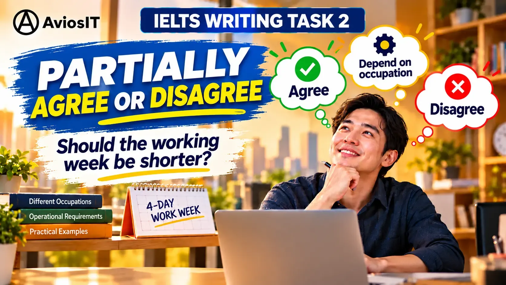 Partially Agree or Disagree - An IELTS Writing Task 2 sample essay partially agreeing that employees should work fewer days per week and have a longer weekend.
