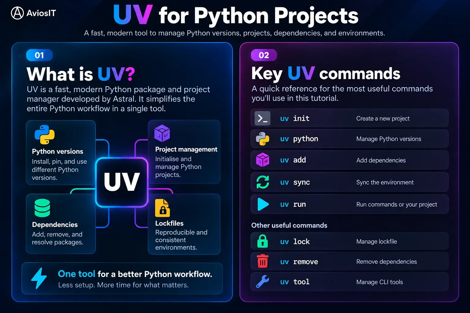 uv overview showing Python version management, project management, dependencies, lockfiles, and key uv commands